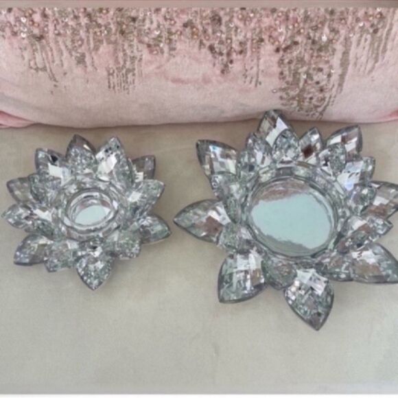 Set of 2 Silver and Clear Crystal Lotus Votive Candle Holder - Picture 8 of 10